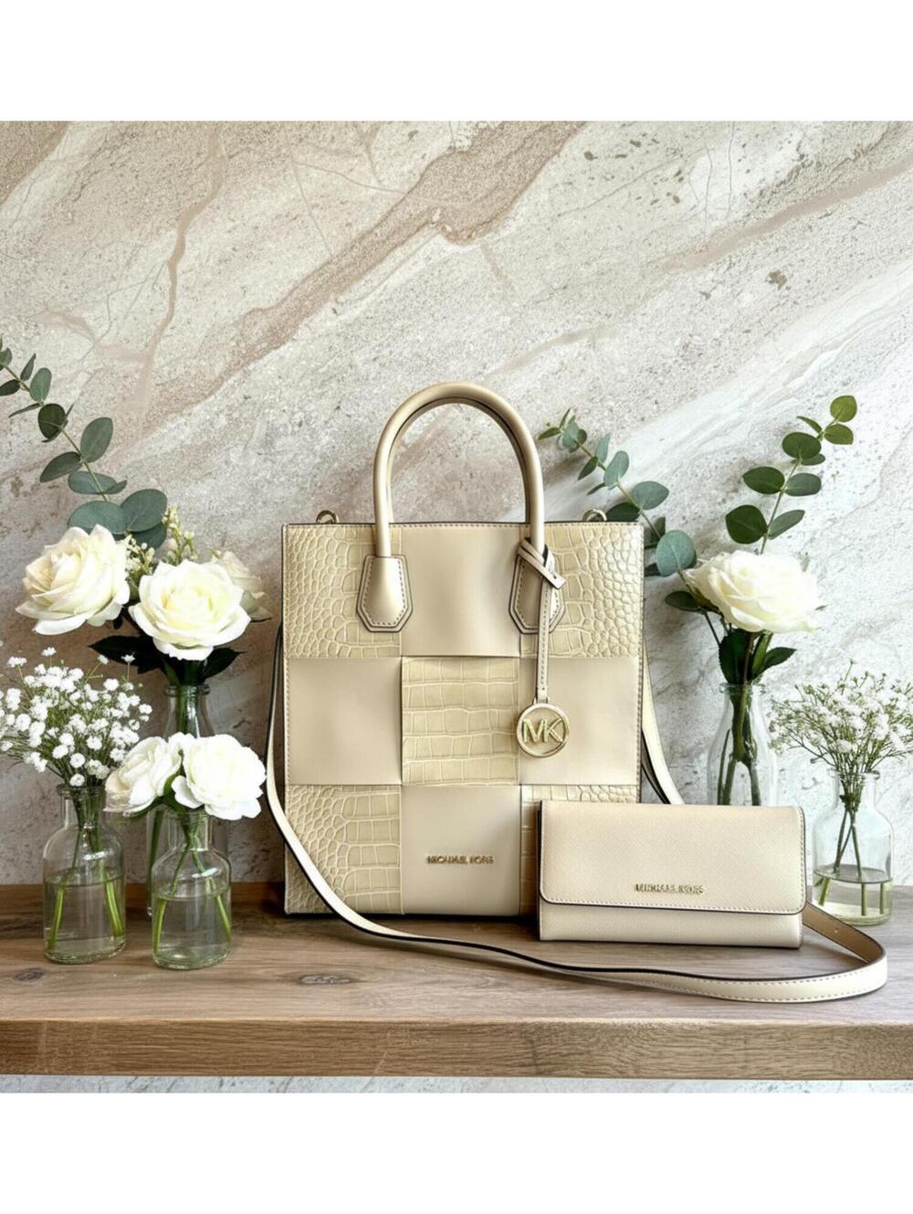 Michael Kors Mercer Medium NS Tote Bag & Matching Wallet Set Buff Croc NWOT